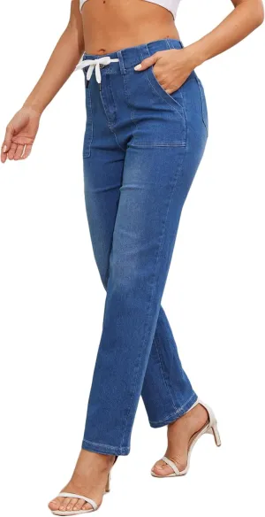 Women's Boyfriend Jeans Drawstring Elastic Waist Denim Pants - Plus Size High Waisted Jeans with Straight Leg Fit