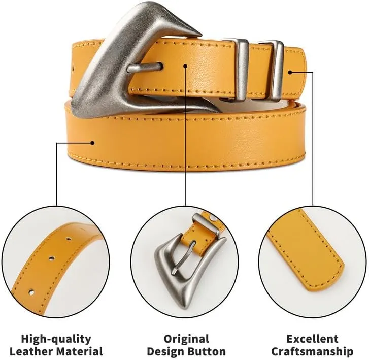Women's Brown Belt Trend Belt with Gold Buckle Fashion Leather Waist Belt for Jeans Pants