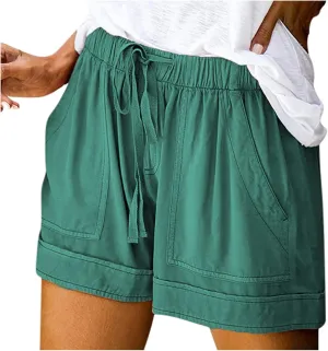 Women's Casual Elastic Waist Shorts Summer Comfy Drawstring Short Pants Lightweight Solid Color Shorts with Pockets