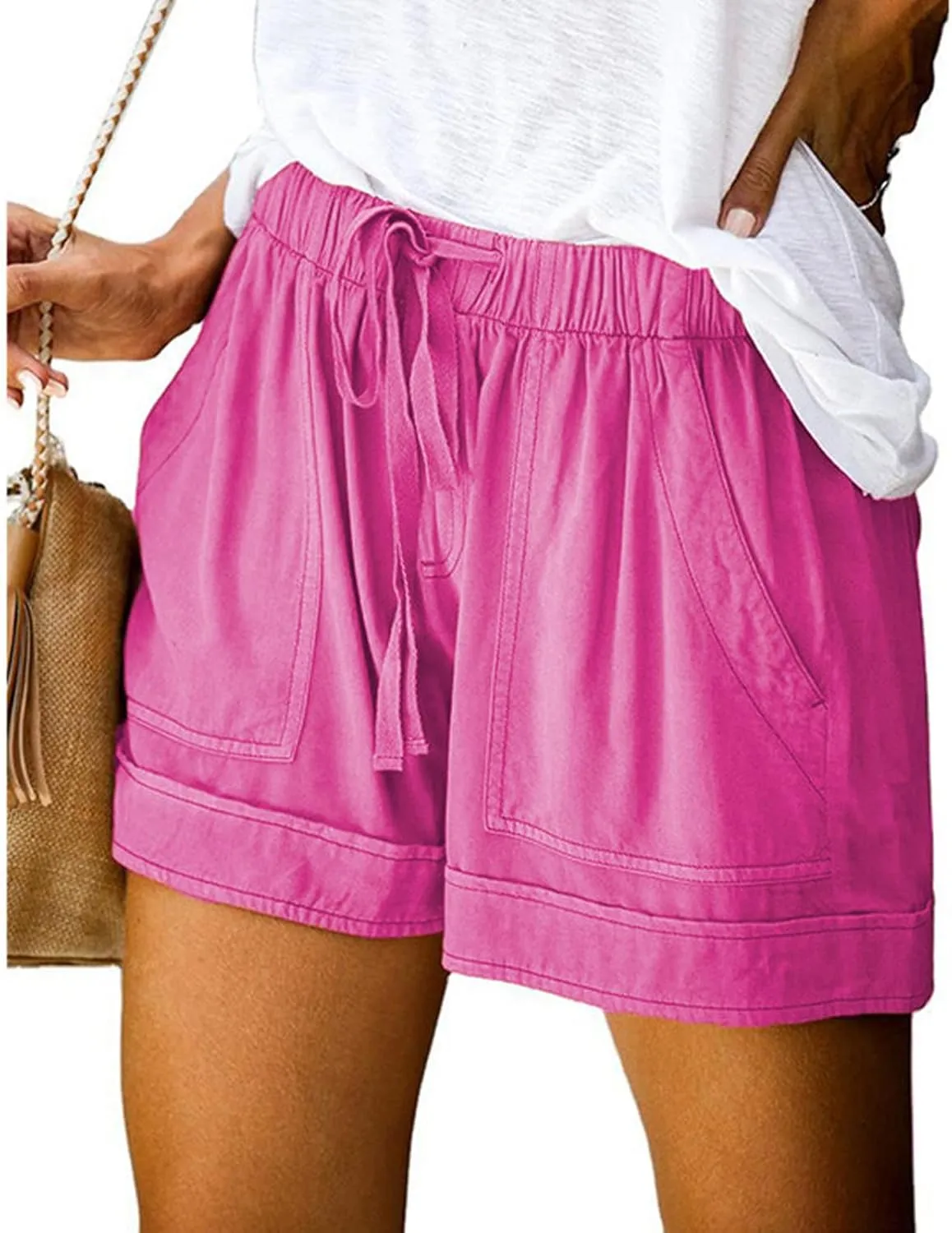 Women's Casual Elastic Waist Shorts Summer Comfy Drawstring Short Pants Lightweight Solid Color Shorts with Pockets
