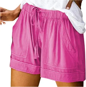 Women's Casual Elastic Waist Shorts Summer Comfy Drawstring Short Pants Lightweight Solid Color Shorts with Pockets