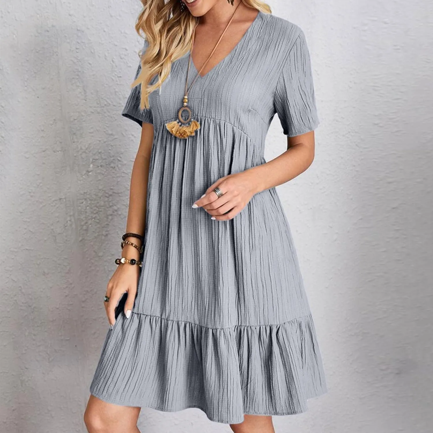 Women's Casual Short Sleeve Dress Cute Summer Beach Vacation Dresses Tshirt Dress Plus Size V Neck Ruffle Hem Sundress