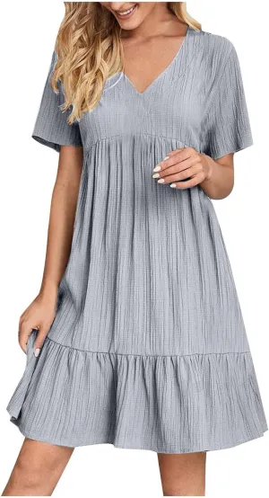 Women's Casual Short Sleeve Dress Cute Summer Beach Vacation Dresses Tshirt Dress Plus Size V Neck Ruffle Hem Sundress