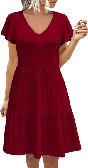 Women's Casual Tiered Dress V Neck Ruffle Dress Short Sleeve Casual Knee Length Dresses with Pockets