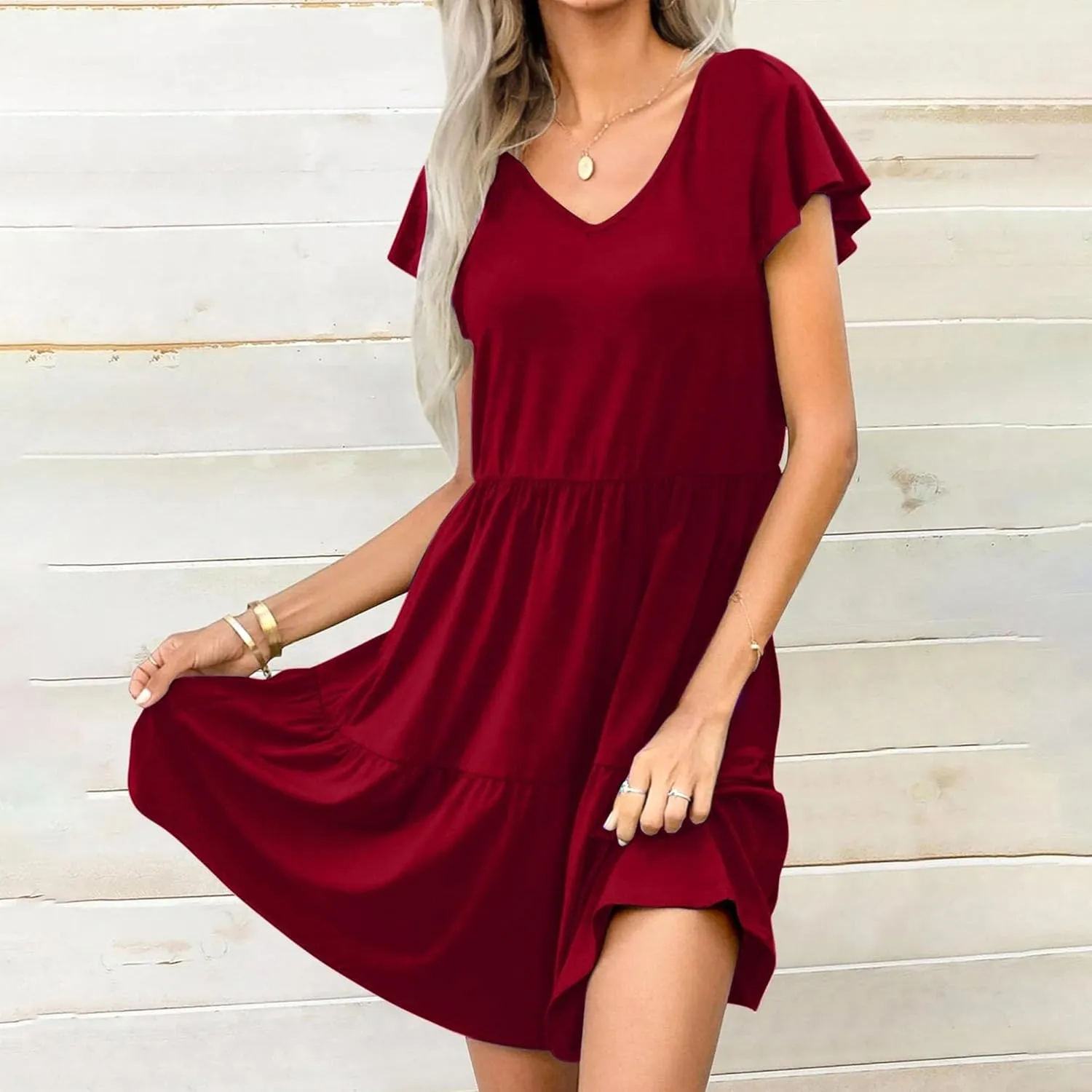 Women's Casual Tiered Dress V Neck Ruffle Dress Short Sleeve Casual Knee Length Dresses with Pockets