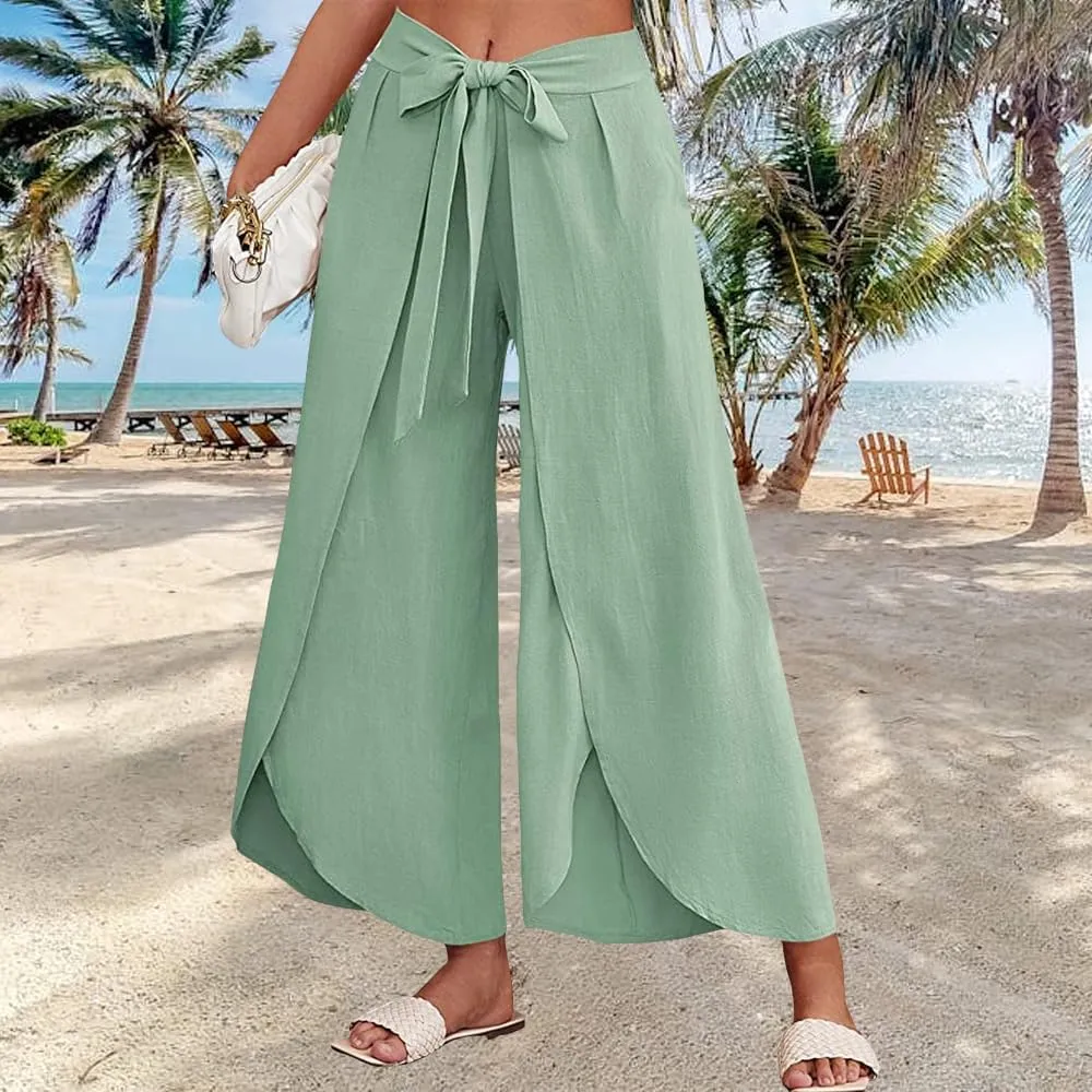 Womens Cotton Linen Wide Leg Pants Pants High Waist Flowy Boho Oversized Pants Casual Summer Comfy Baggy Trousers