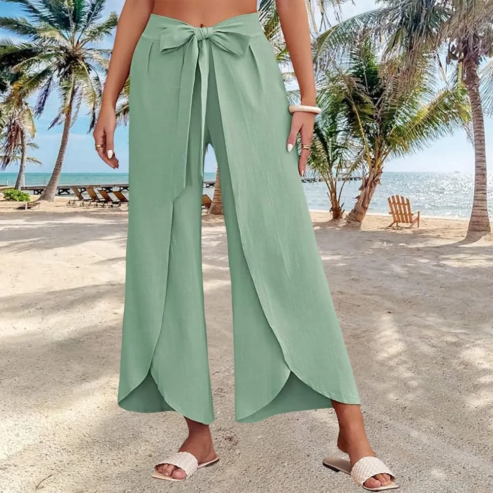 Womens Cotton Linen Wide Leg Pants Pants High Waist Flowy Boho Oversized Pants Casual Summer Comfy Baggy Trousers