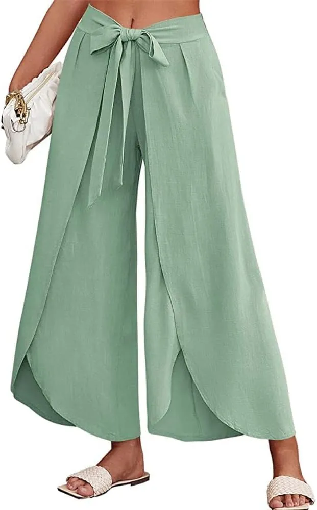 Womens Cotton Linen Wide Leg Pants Pants High Waist Flowy Boho Oversized Pants Casual Summer Comfy Baggy Trousers