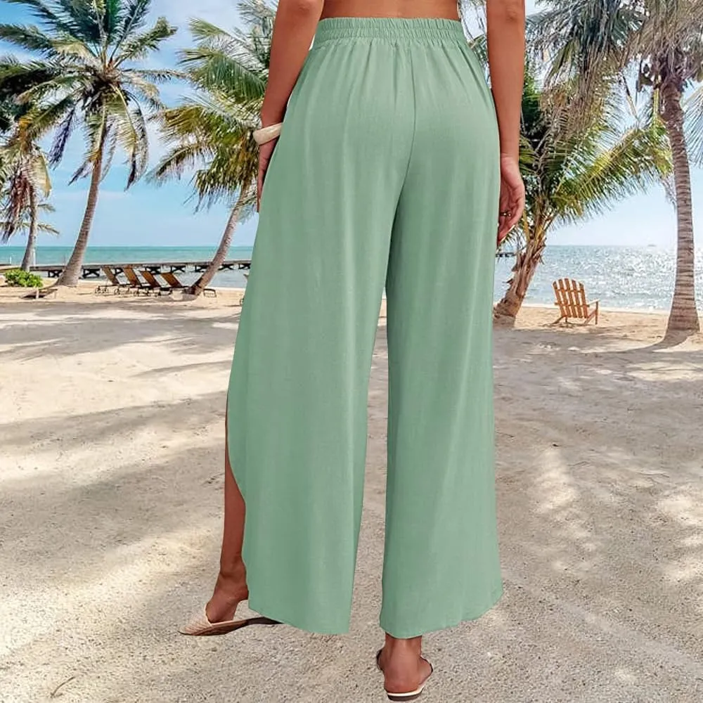 Womens Cotton Linen Wide Leg Pants Pants High Waist Flowy Boho Oversized Pants Casual Summer Comfy Baggy Trousers