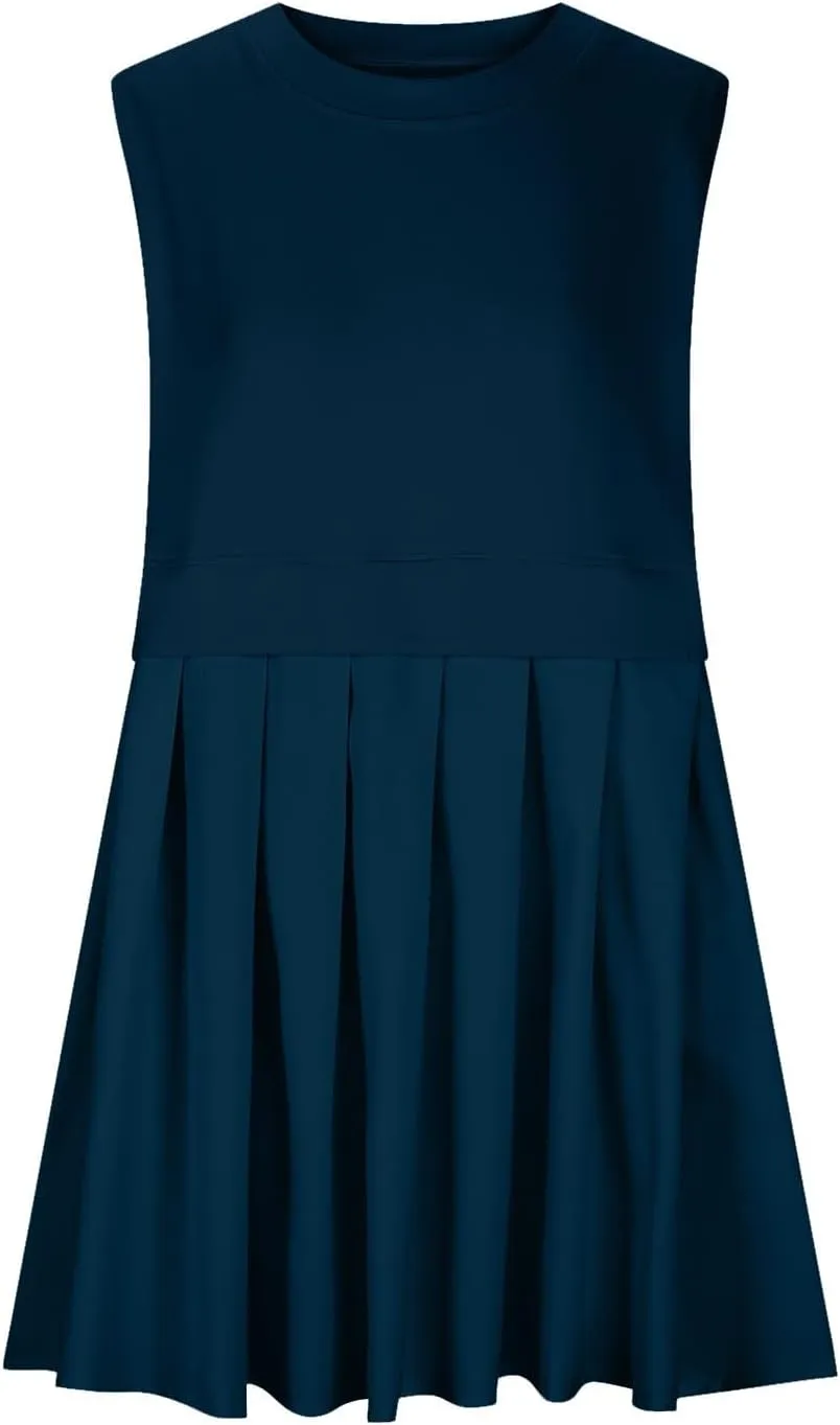 Women's Crewneck Short Sleeve Mini Dresses Loose Pleated Hem Sundress Elegant Summer Lightweight Basic Dress for Ladies
