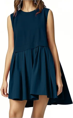 Women's Crewneck Short Sleeve Mini Dresses Loose Pleated Hem Sundress Elegant Summer Lightweight Basic Dress for Ladies