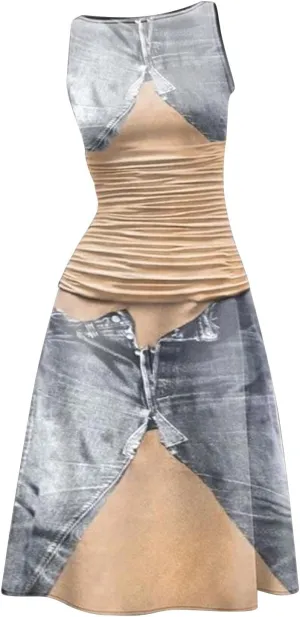 Women's Crewneck Sleeveless Printed Casual Dress Denim Patchwork Short Skirt Women Tunic Pleated Premium Design Dresses