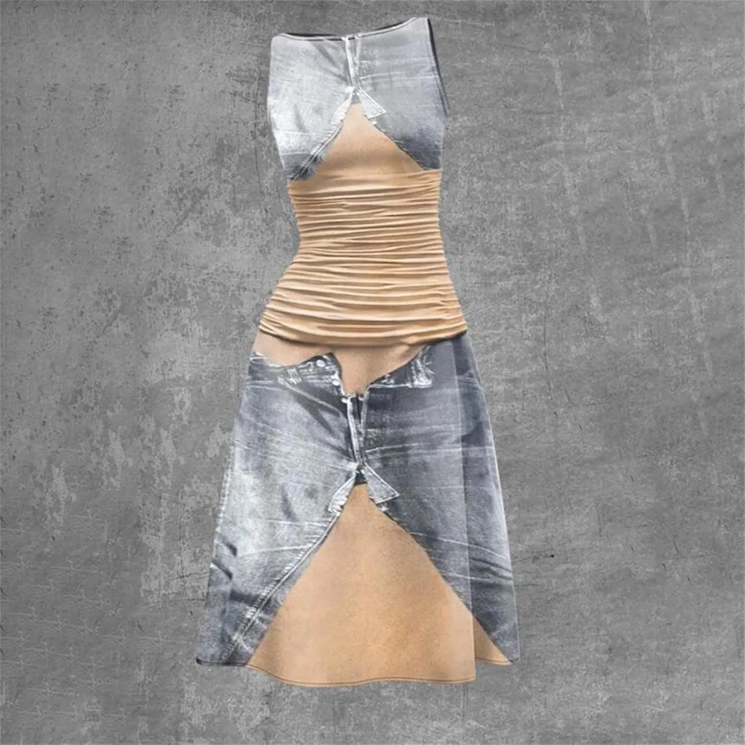 Women's Crewneck Sleeveless Printed Casual Dress Denim Patchwork Short Skirt Women Tunic Pleated Premium Design Dresses