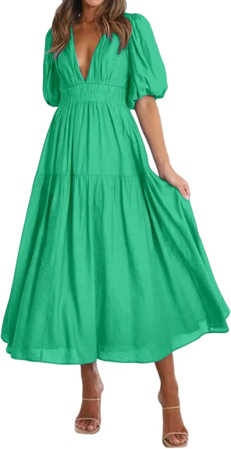 Womens Deep V Neck Dress Casual Elastic Waist Long Sleeve Dress Summer Trendy A-Line Tiered Flowy Midi Dresses