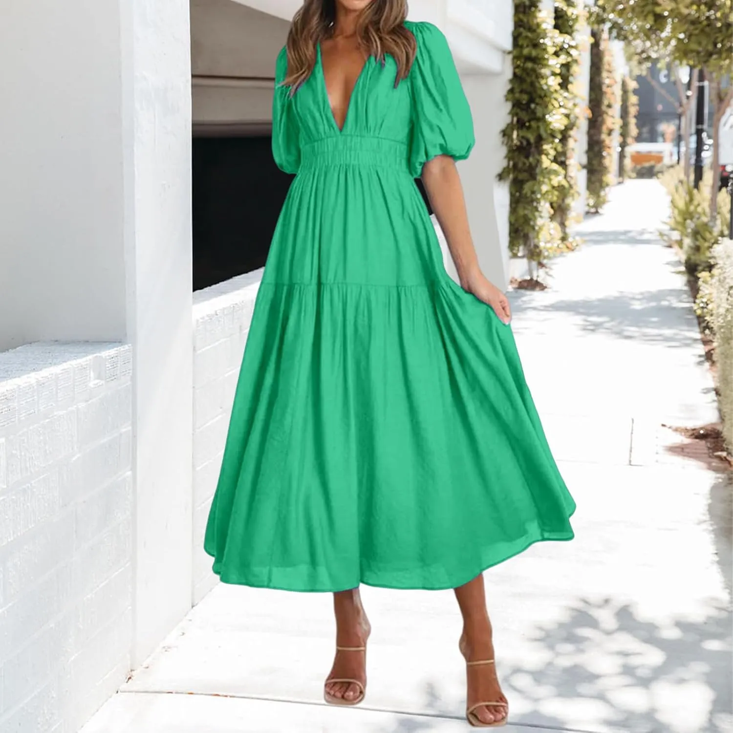 Womens Deep V Neck Dress Casual Elastic Waist Long Sleeve Dress Summer Trendy A-Line Tiered Flowy Midi Dresses