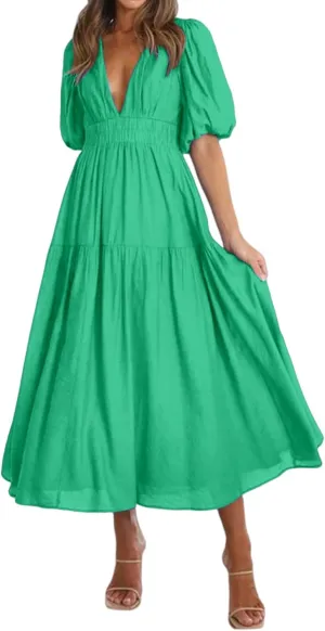 Womens Deep V Neck Dress Casual Elastic Waist Long Sleeve Dress Summer Trendy A-Line Tiered Flowy Midi Dresses