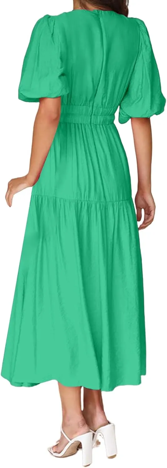 Womens Deep V Neck Dress Casual Elastic Waist Long Sleeve Dress Summer Trendy A-Line Tiered Flowy Midi Dresses