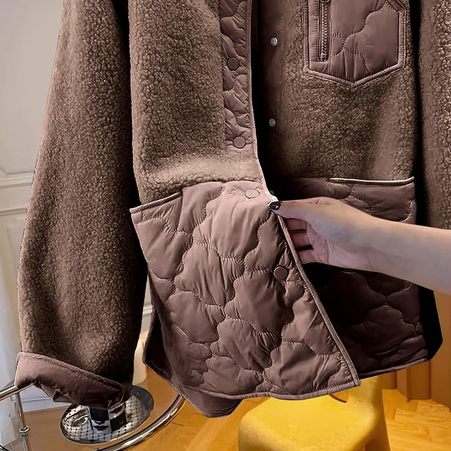 Women's Down Jackets Lapel Buttons Closed Casual Puffer Jacket Coat Cozy Lightweight Long Sleeve Floral Fuzzy Outwear