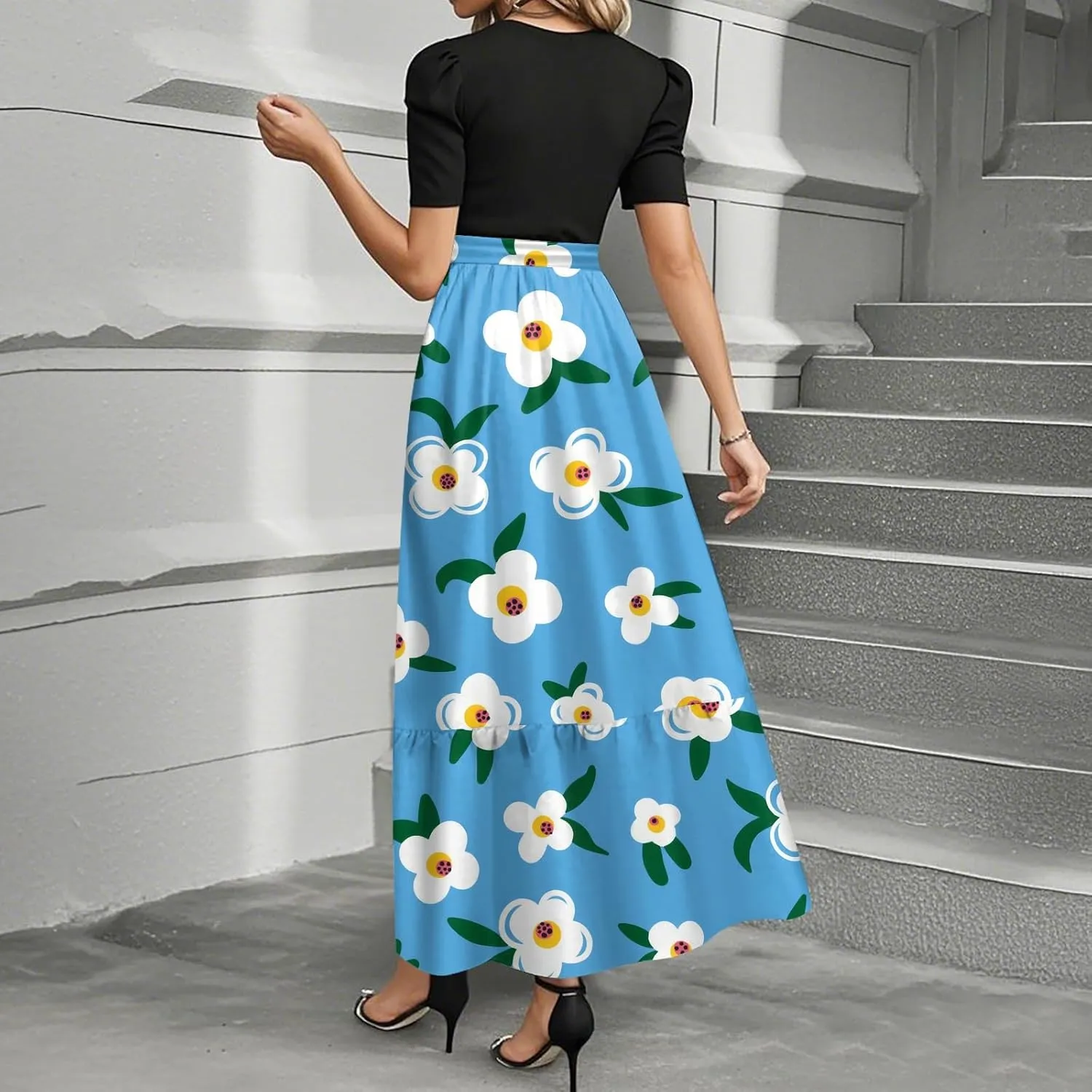 Womens Dress Summer Flowy Maxi Dress Highwaisted Short Sleeve Floral Dressed Casual Tea Party Dresses with Belt