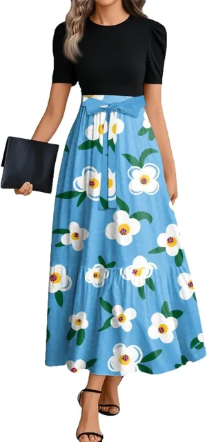 Womens Dress Summer Flowy Maxi Dress Highwaisted Short Sleeve Floral Dressed Casual Tea Party Dresses with Belt