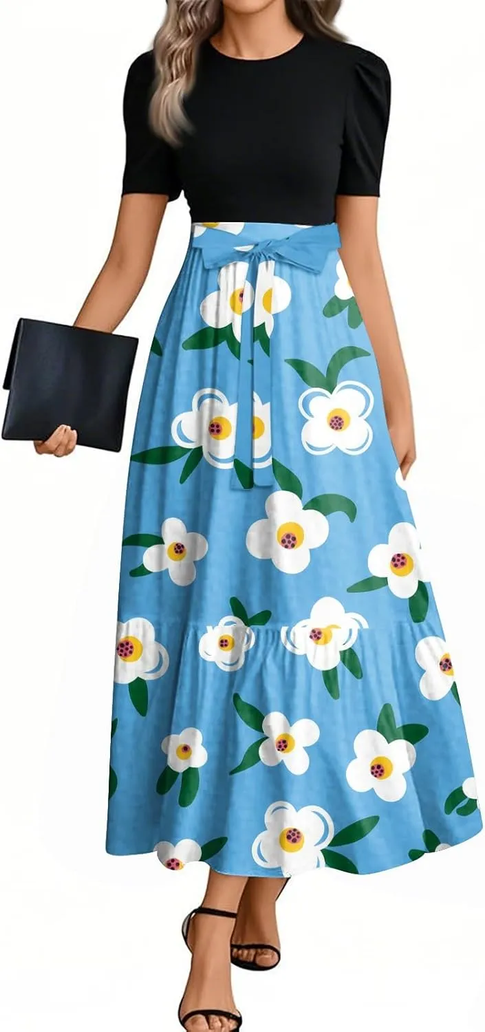 Womens Dress Summer Flowy Maxi Dress Highwaisted Short Sleeve Floral Dressed Casual Tea Party Dresses with Belt