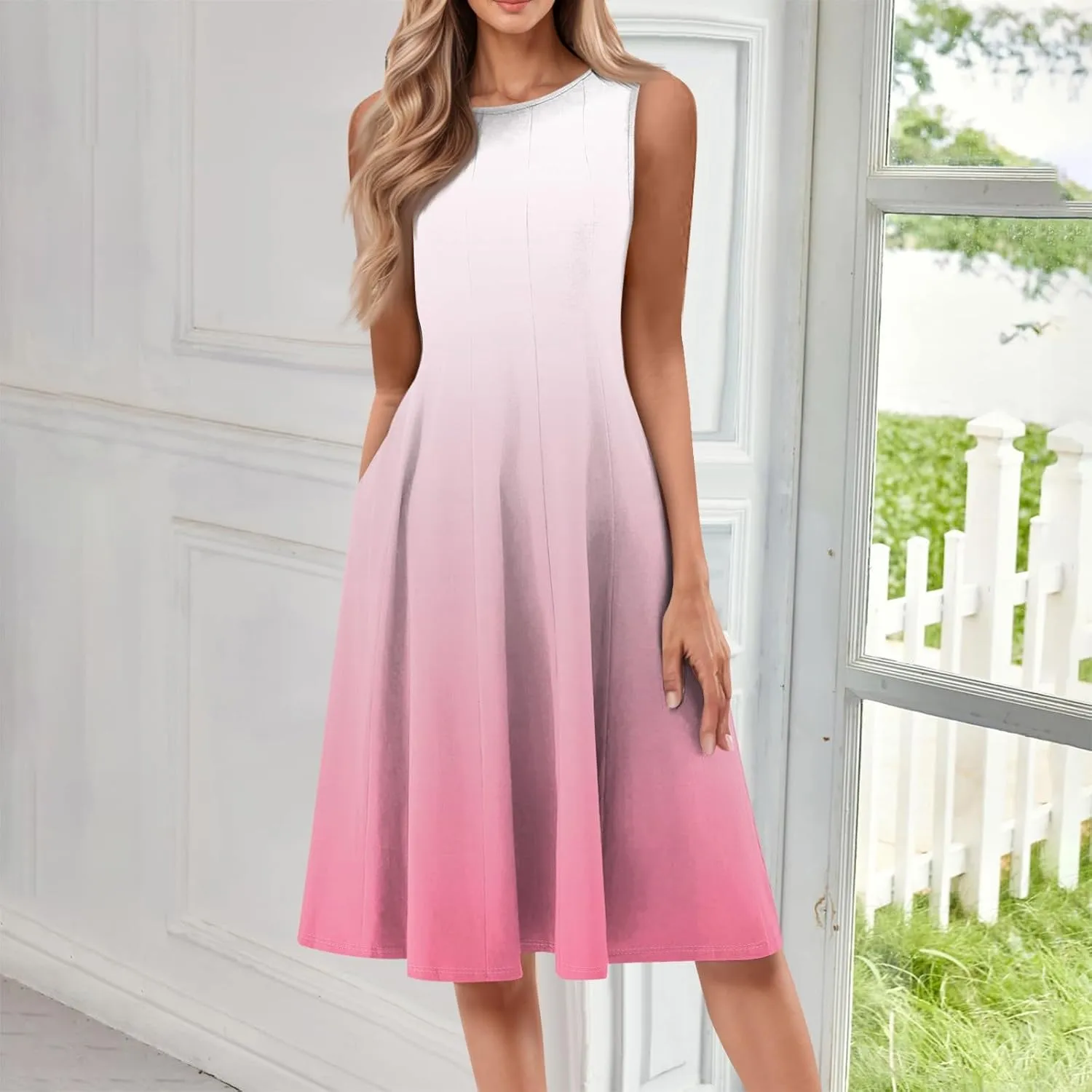 Women's Dresses Summer Tank Dress Cute Sundress Highwaisted Sleeveless Floral Dress Fashion Ruched Dresses with Pocket