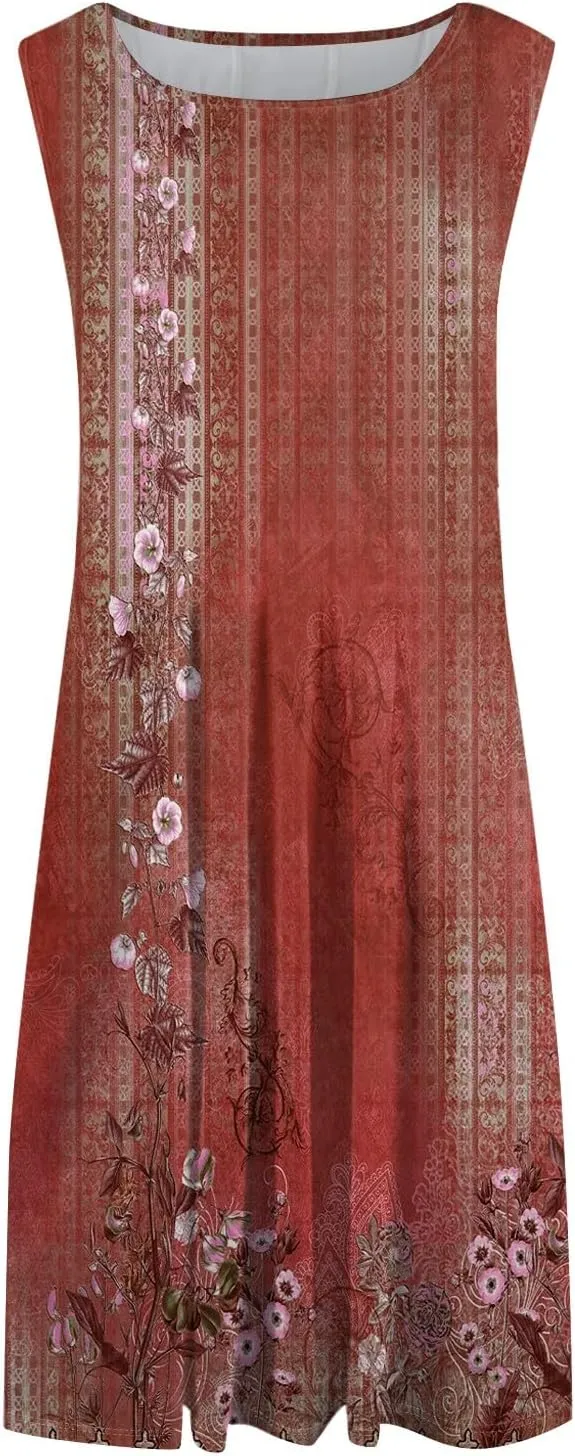 Women's Dresses Summer Tank Dress Cute Sundress Highwaisted Sleeveless Floral Dress Fashion Ruched Dresses with Pocket