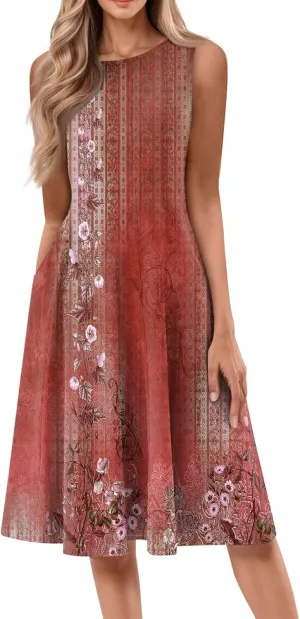 Women's Dresses Summer Tank Dress Cute Sundress Highwaisted Sleeveless Floral Dress Fashion Ruched Dresses with Pocket
