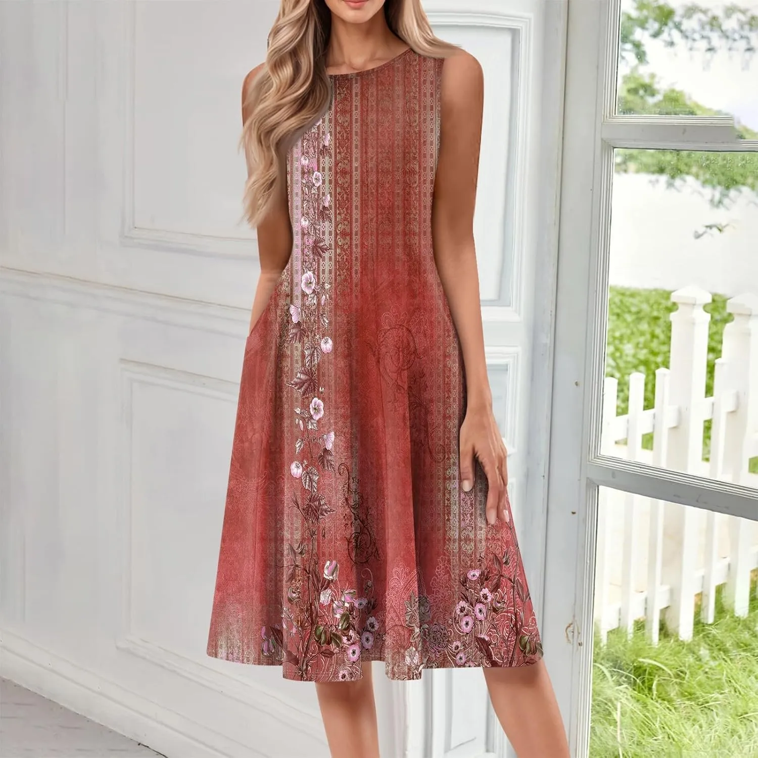 Women's Dresses Summer Tank Dress Cute Sundress Highwaisted Sleeveless Floral Dress Fashion Ruched Dresses with Pocket