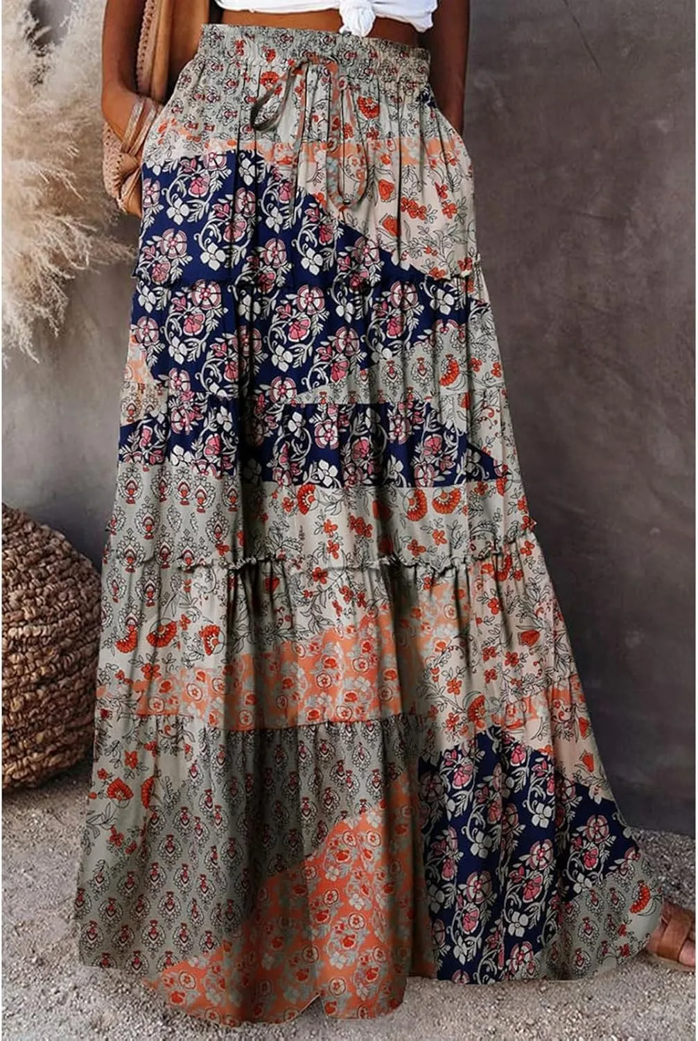 Womens Floral Print Boho Maxi Skirt Casual Elastic High Waist Pleated Ruffle Flowy Beach Long Maxi Skirts with Pockets