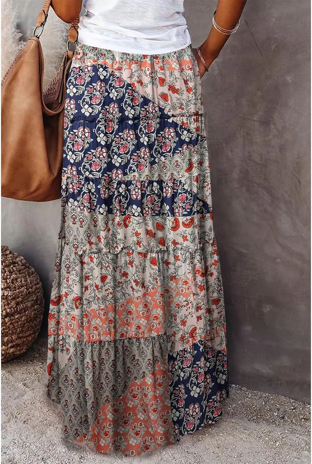 Womens Floral Print Boho Maxi Skirt Casual Elastic High Waist Pleated Ruffle Flowy Beach Long Maxi Skirts with Pockets