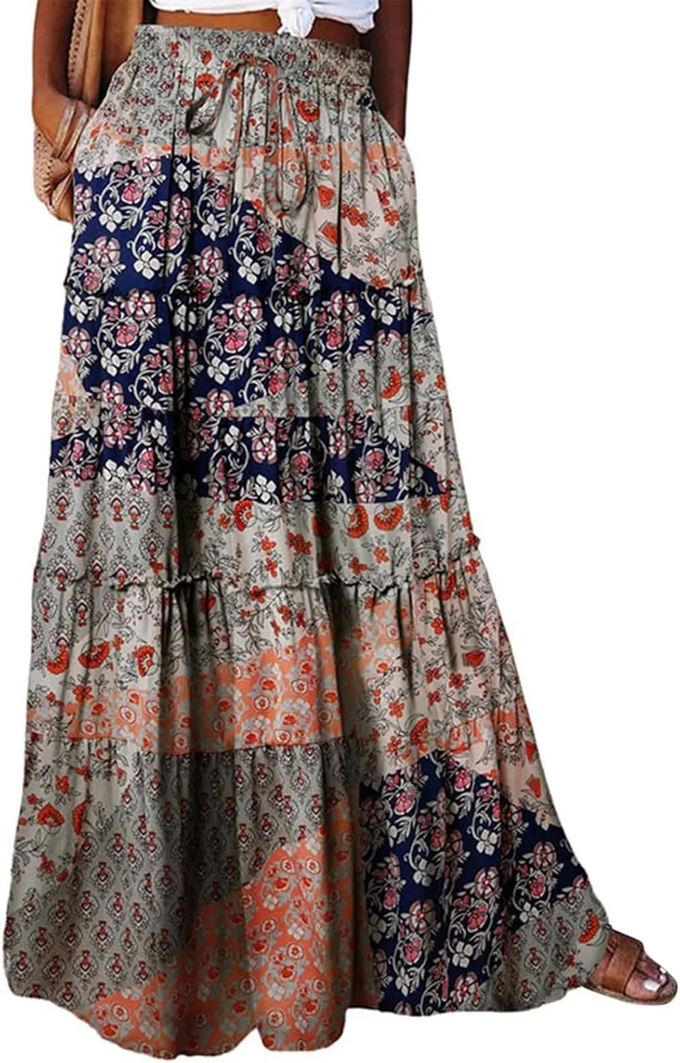 Womens Floral Print Boho Maxi Skirt Casual Elastic High Waist Pleated Ruffle Flowy Beach Long Maxi Skirts with Pockets