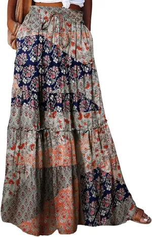Womens Floral Print Boho Maxi Skirt Casual Elastic High Waist Pleated Ruffle Flowy Beach Long Maxi Skirts with Pockets