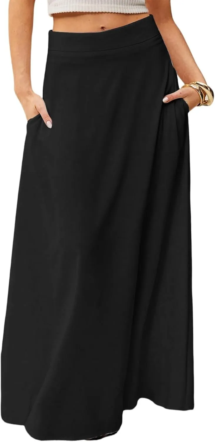 Womens Flowy A Line Skirt Boho Elastic High Waisted Long Maxi Skirts for Women Trendy Summer Basicwith Pockets
