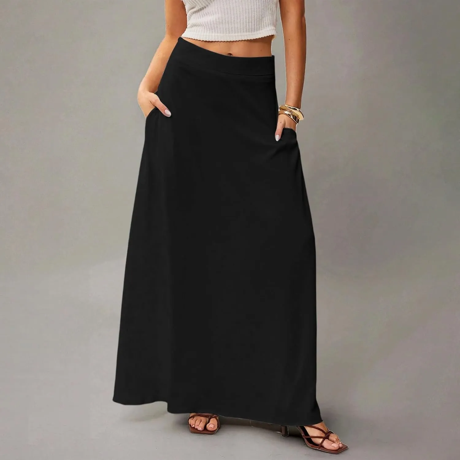 Womens Flowy A Line Skirt Boho Elastic High Waisted Long Maxi Skirts for Women Trendy Summer Basicwith Pockets