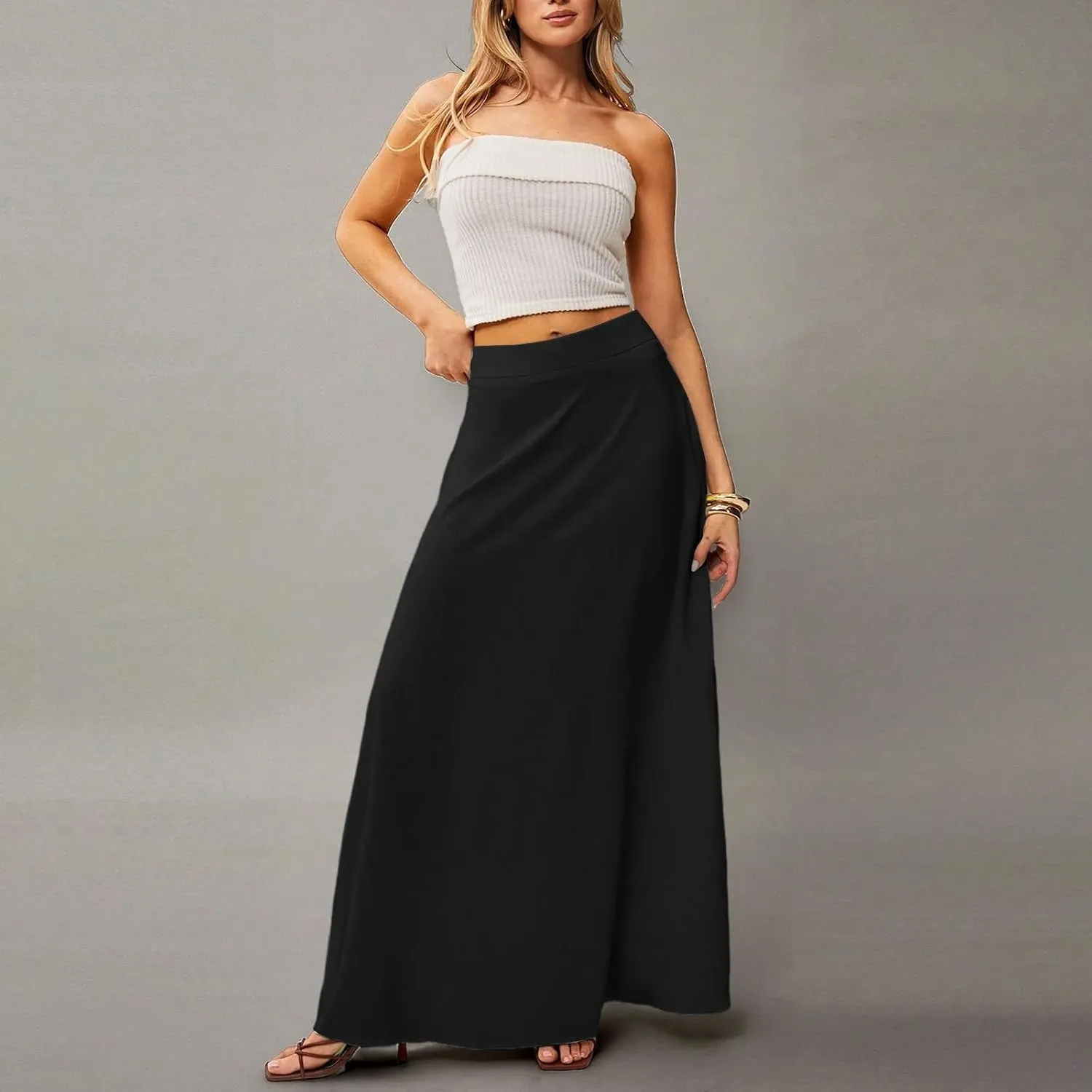 Womens Flowy A Line Skirt Boho Elastic High Waisted Long Maxi Skirts for Women Trendy Summer Basicwith Pockets