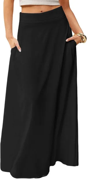 Womens Flowy A Line Skirt Boho Elastic High Waisted Long Maxi Skirts for Women Trendy Summer Basicwith Pockets