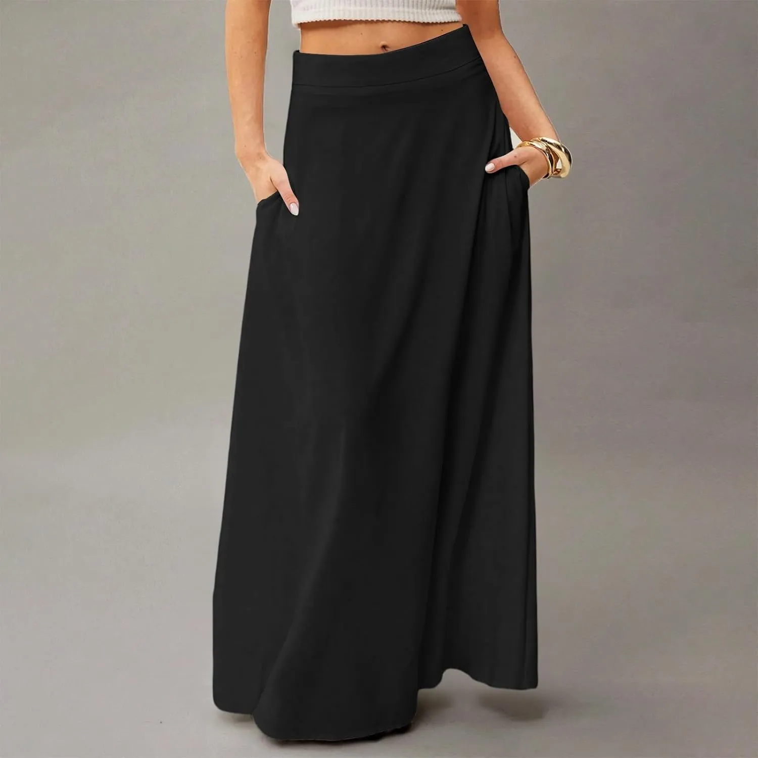 Womens Flowy A Line Skirt Boho Elastic High Waisted Long Maxi Skirts for Women Trendy Summer Basicwith Pockets