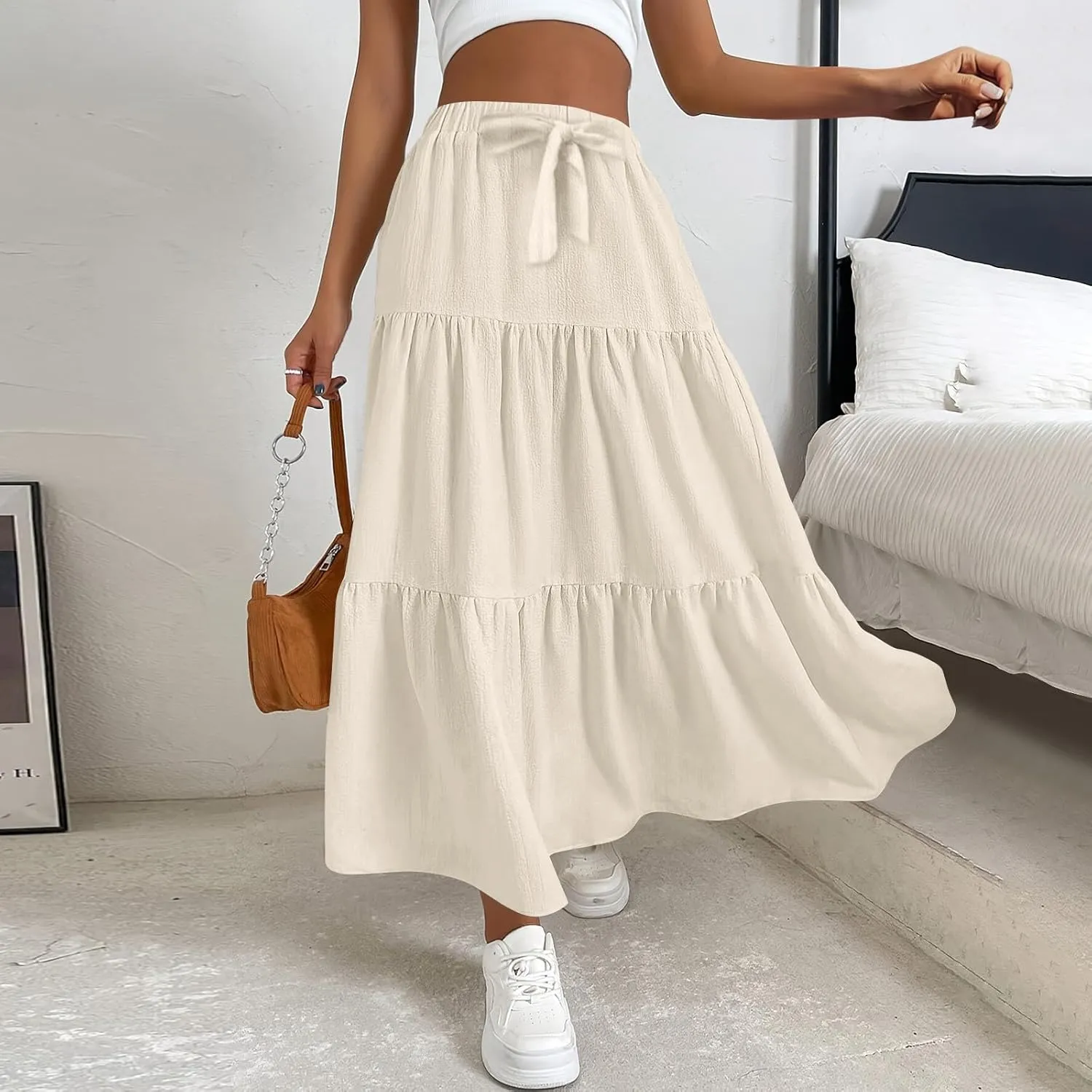 Womens High Waisted Basic Maxi Skirts 2025 Pleated Elastic Waist A-Line Skirt Trendy Summer Flowy Swing Long Skirts