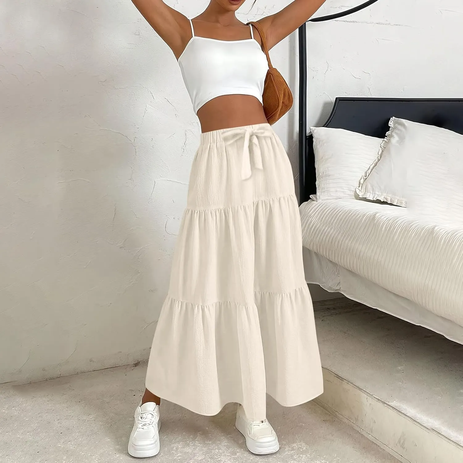Womens High Waisted Basic Maxi Skirts 2025 Pleated Elastic Waist A-Line Skirt Trendy Summer Flowy Swing Long Skirts