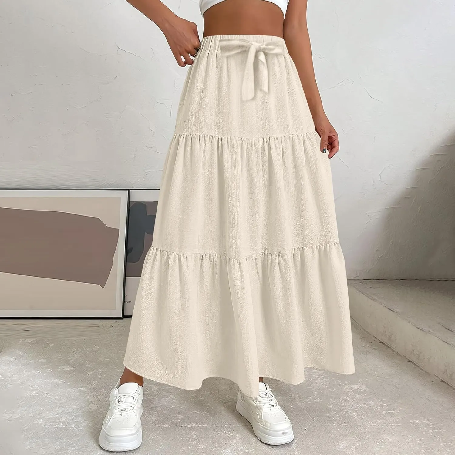 Womens High Waisted Basic Maxi Skirts 2025 Pleated Elastic Waist A-Line Skirt Trendy Summer Flowy Swing Long Skirts