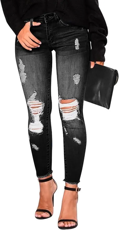 Women's High Waisted Jeans Retro Ripped Jeans Slim Fit Butt Lifting Skinny Stretch Jeans Denim Pants