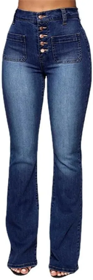 Women's High Waisted Wide Leg Stretch Jeans Button Up Jeans Straight Leg Casual Loose