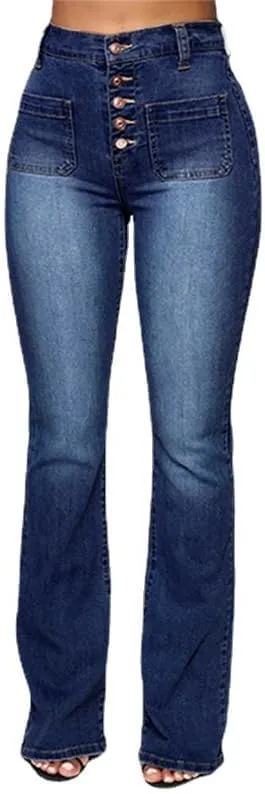 Women's High Waisted Wide Leg Stretch Jeans Button Up Jeans Straight Leg Casual Loose