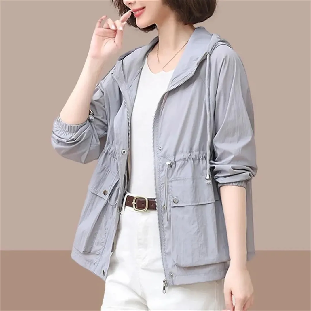 Women's Lightweight Hooded Jacket Breathable Solid Color Long Sleeve Casual Raincoat