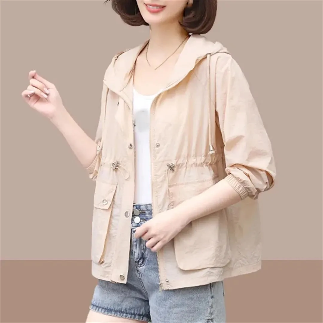 Women's Lightweight Hooded Jacket Breathable Solid Color Long Sleeve Casual Raincoat