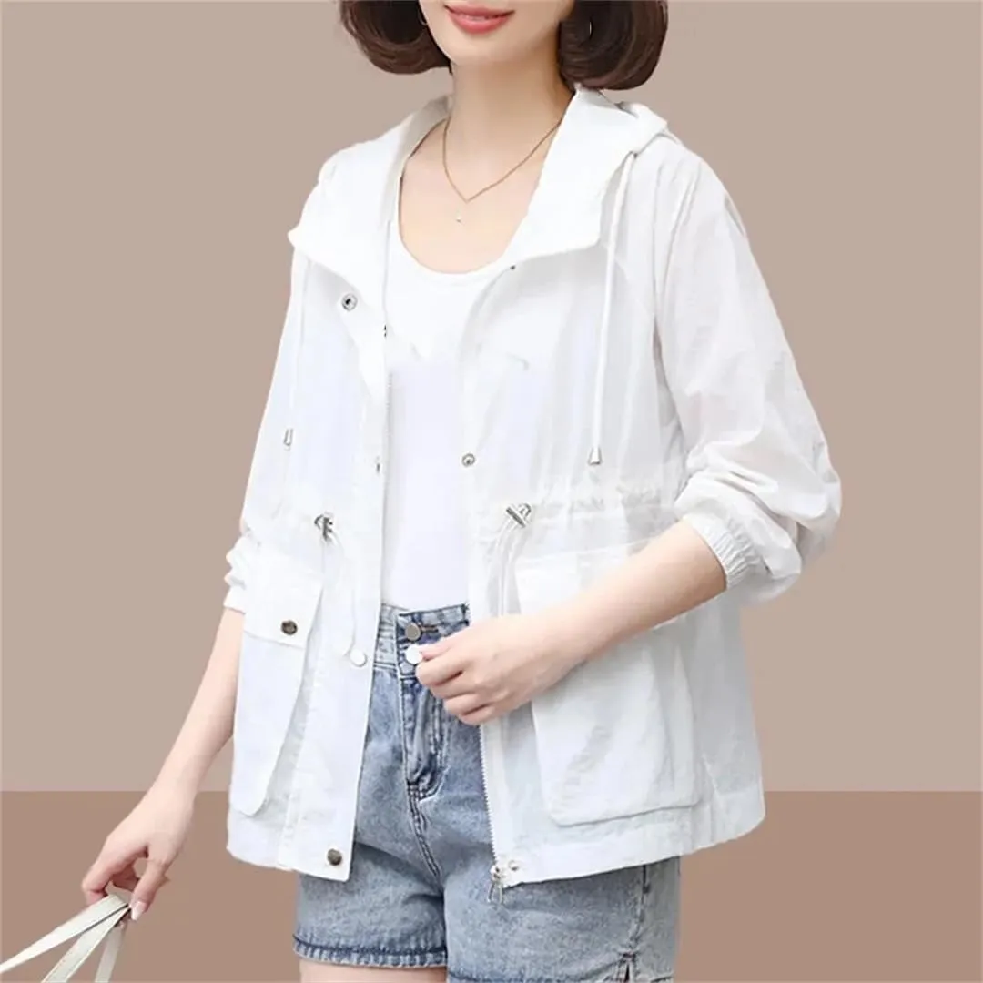 Women's Lightweight Hooded Jacket Breathable Solid Color Long Sleeve Casual Raincoat