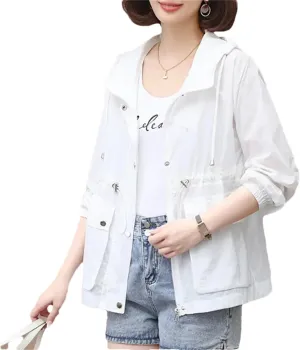 Women's Lightweight Hooded Jacket Breathable Solid Color Long Sleeve Casual Raincoat
