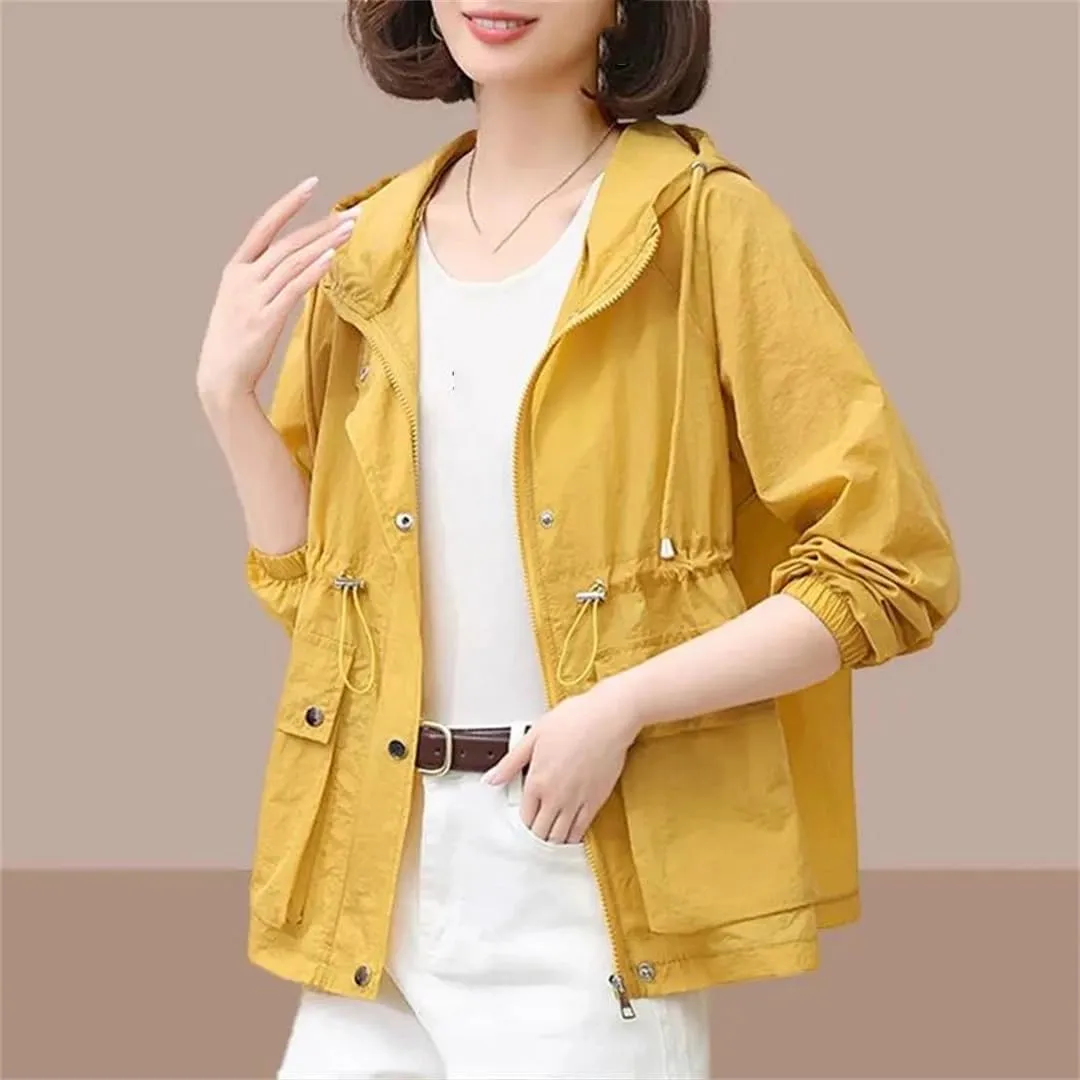 Women's Lightweight Hooded Jacket Breathable Solid Color Long Sleeve Casual Raincoat