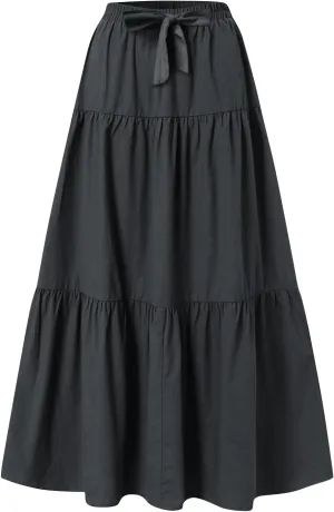 Womens Long Maxi Skirts Fashion Tiered Pleated A-Line Skirt Drawstring Waist Loose Solid Beach Travel Clothes 2025